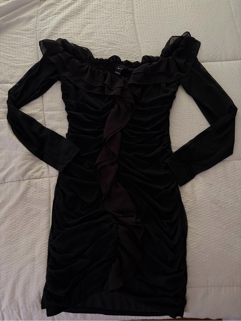 Windsor Black Off-Shoulder Ruffle Long-Sleeve Dress